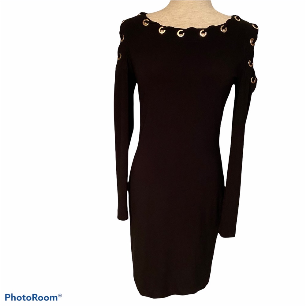 JOSEPH RIBKOFF DRESS MINI SHEATH BLACK GOLD GROMMET COLD SHOULDER SIZE 4